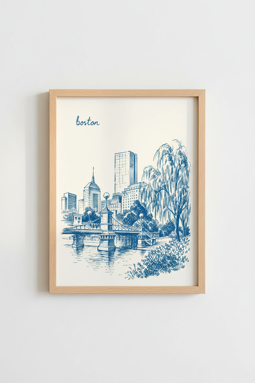 Boston Skyline Print | Blue Sketch Architectural Art, Cityscape Office Decor