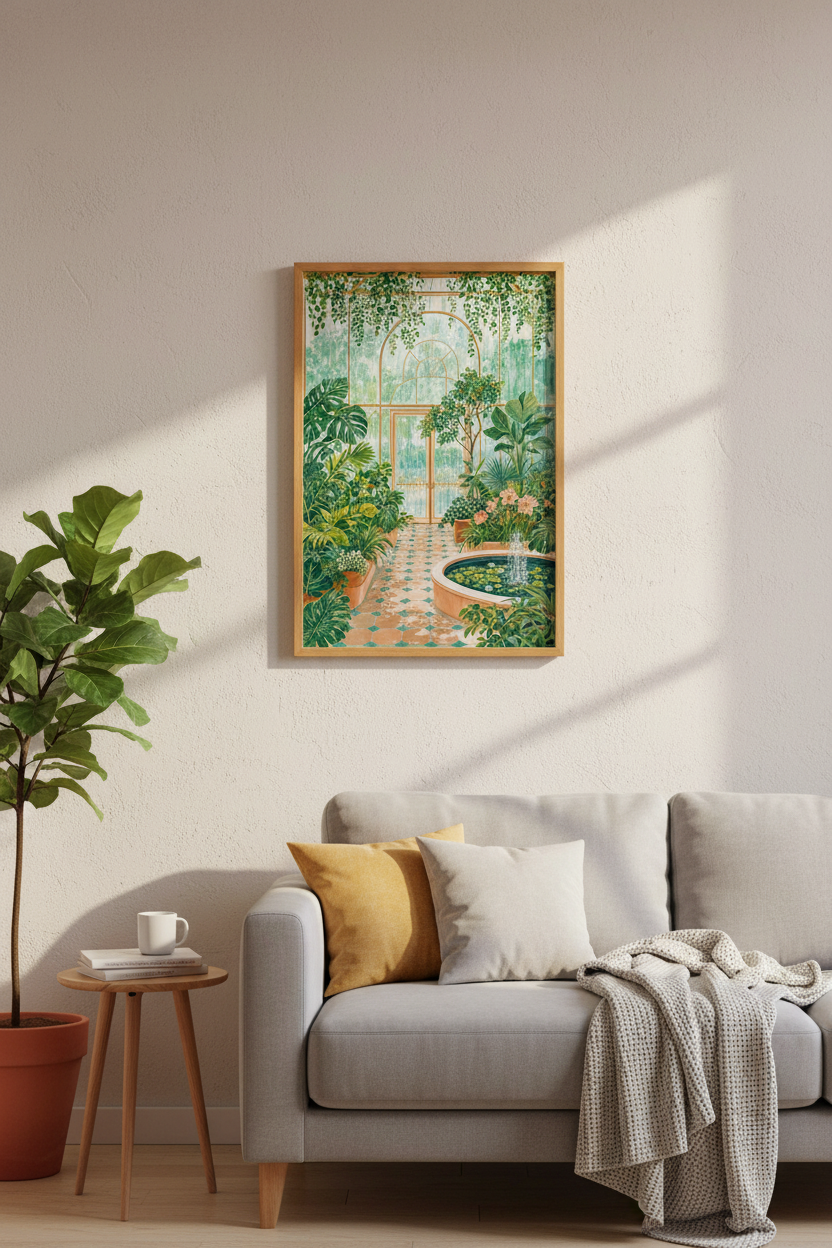 Greenhouse Conservatory Wall Art | Moody Green Botanical Print, Living Room Decor