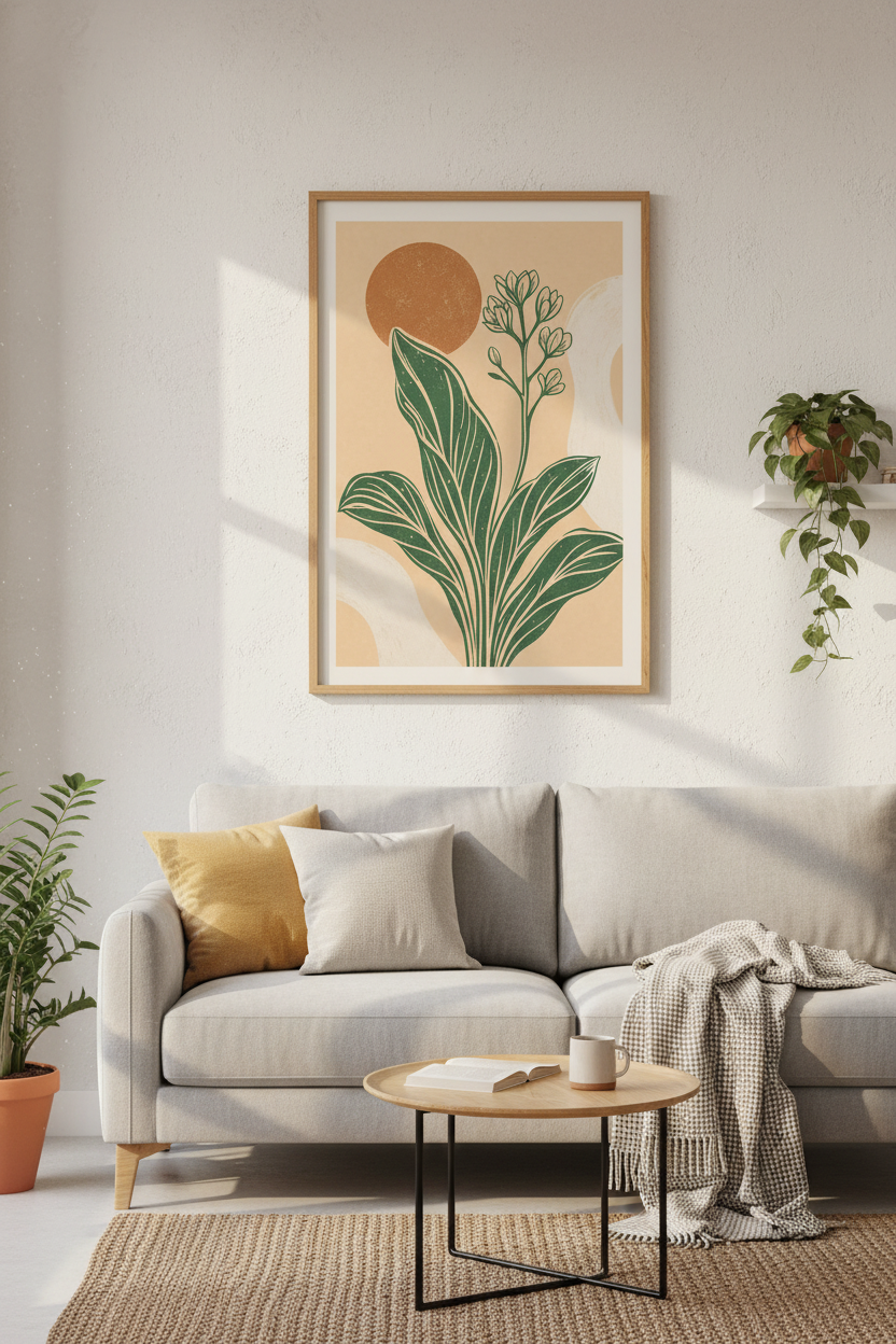Abstract Botanical Sun Wall Art | Mid Century Boho Decor, Minimalist Floral Poster