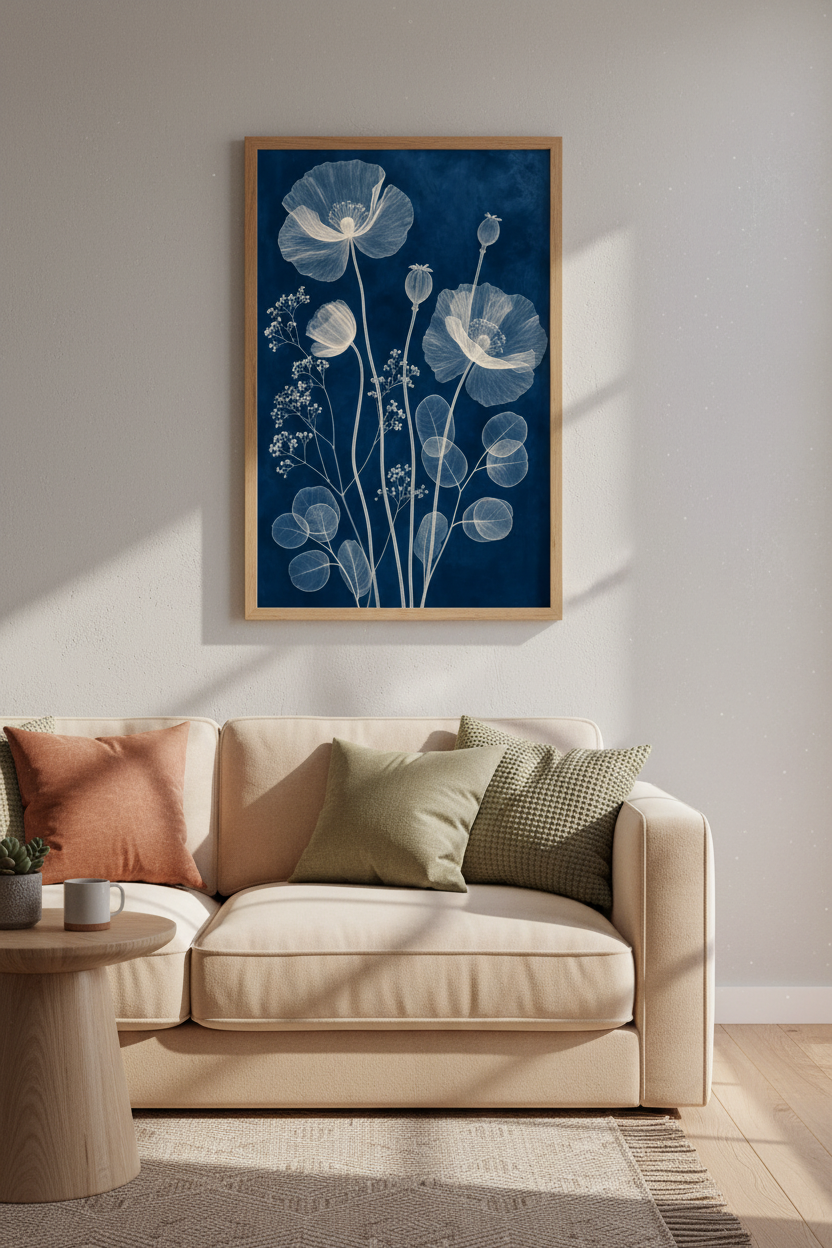 Poppy X-Ray Flower Art | Navy Blue Botanical Print, Bedroom Living Room Wall Decor
