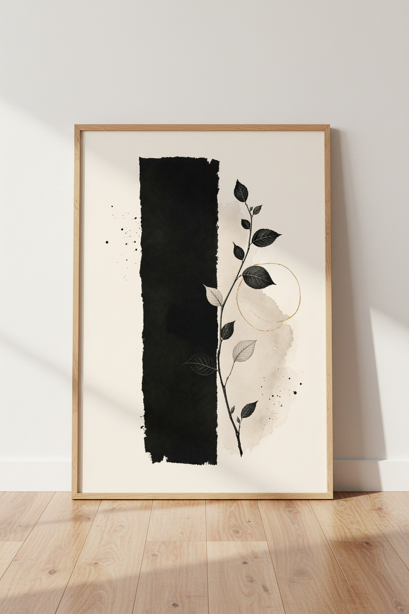 Minimalist Botanical Leaf Print | Japandi Black & Beige Decor | Modern Abstract Poster