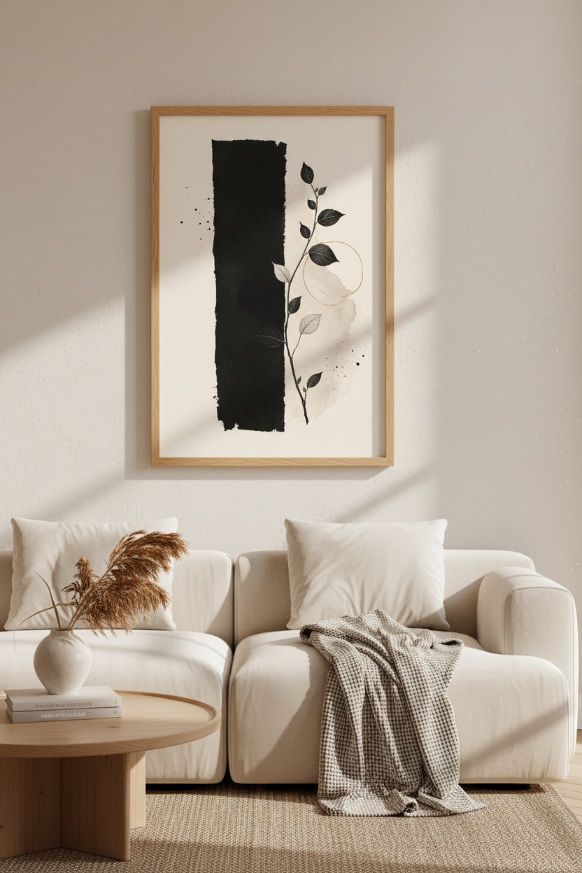 Minimalist Botanical Leaf Print | Japandi Black & Beige Decor | Modern Abstract Poster