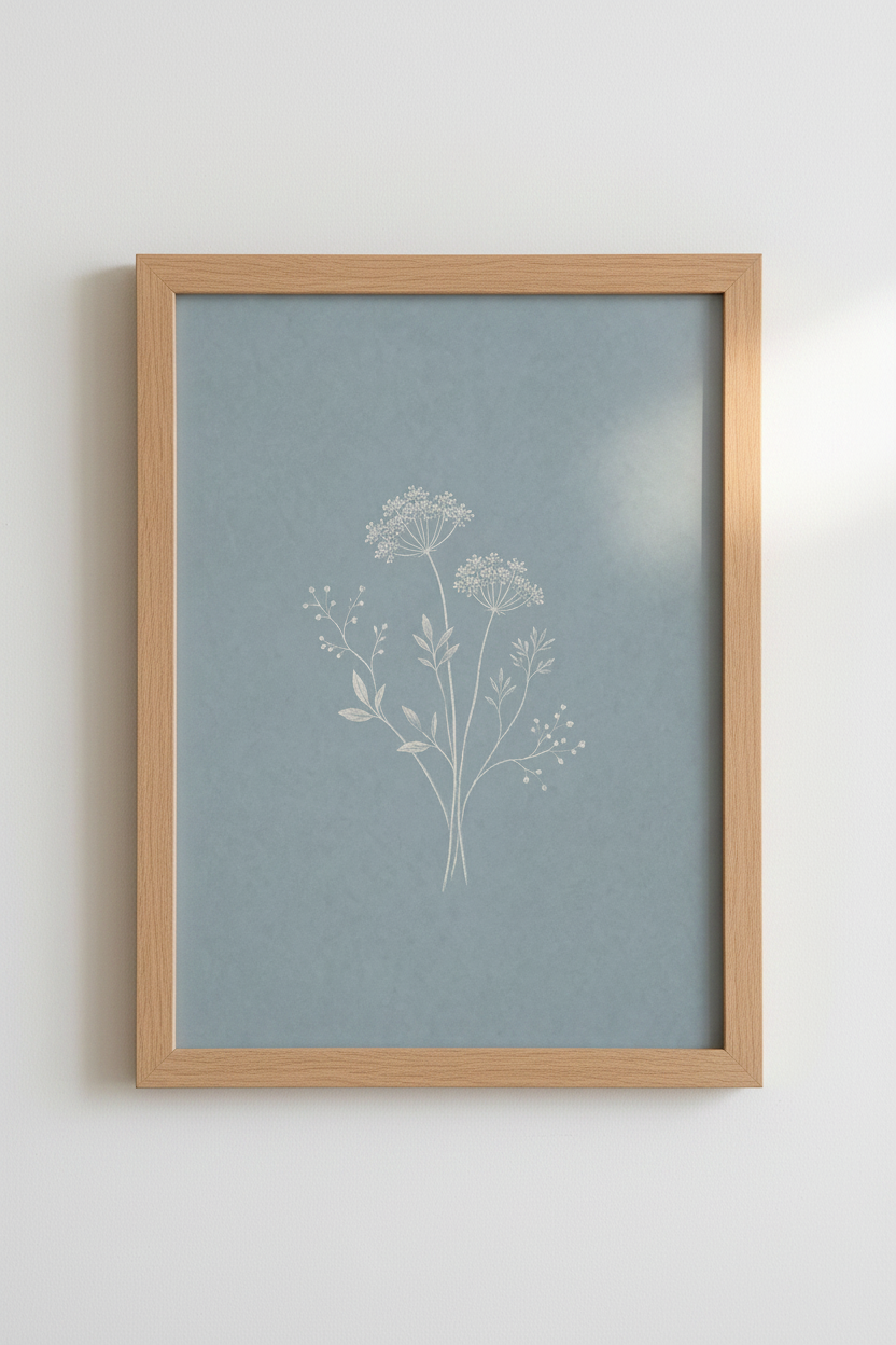 Botanical Wildflower Art | Minimalist Blue & White Floral, Bedroom Wall Decor