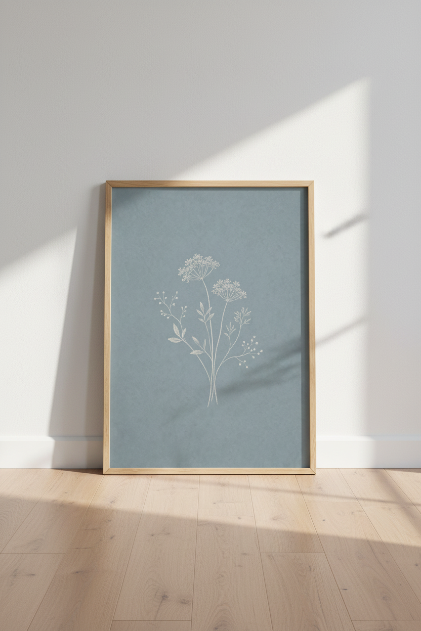 Botanical Wildflower Art | Minimalist Blue & White Floral, Bedroom Wall Decor