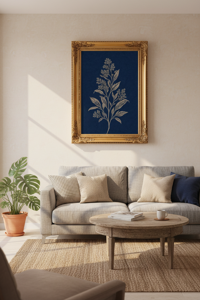 navy botanical print | Minimalist line art, deep blue | Living room decor
