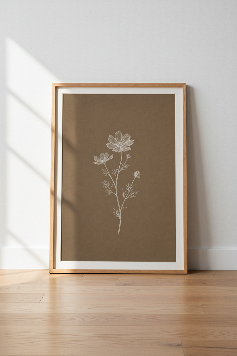 Botanical Wildflower Sketch | Minimalist Brown Floral Art, Bedroom Living Room Poster
