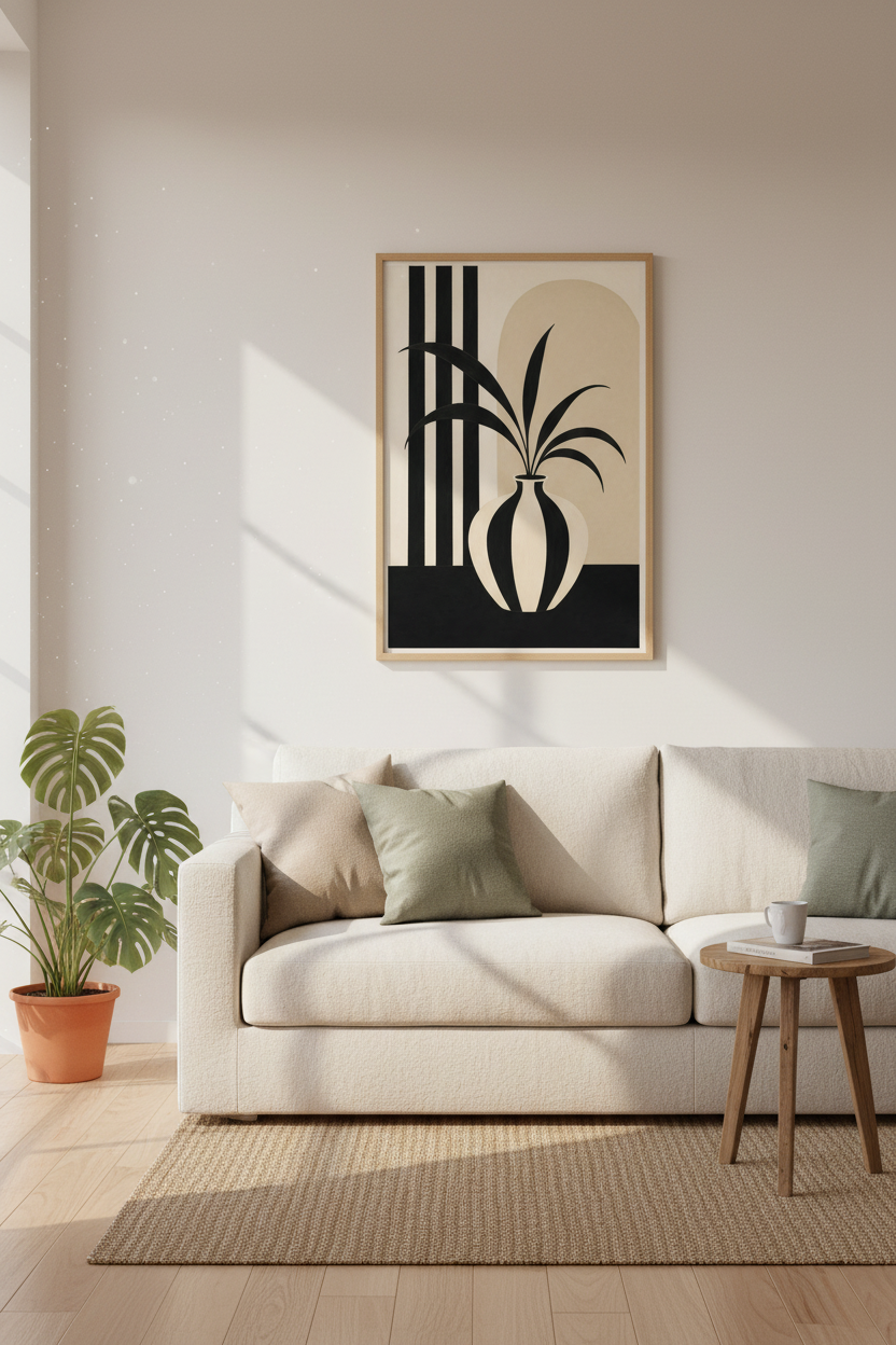 Geometric Vase Print | Monochrome Beige, Modern Living Room Decor