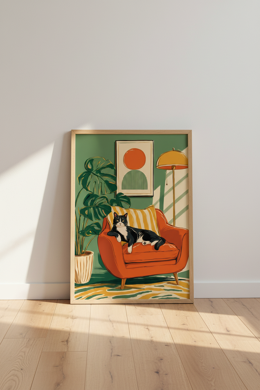 Tuxedo Cat Mid-Century Art Print | Retro Boho Living Room Decor | Animal Poster