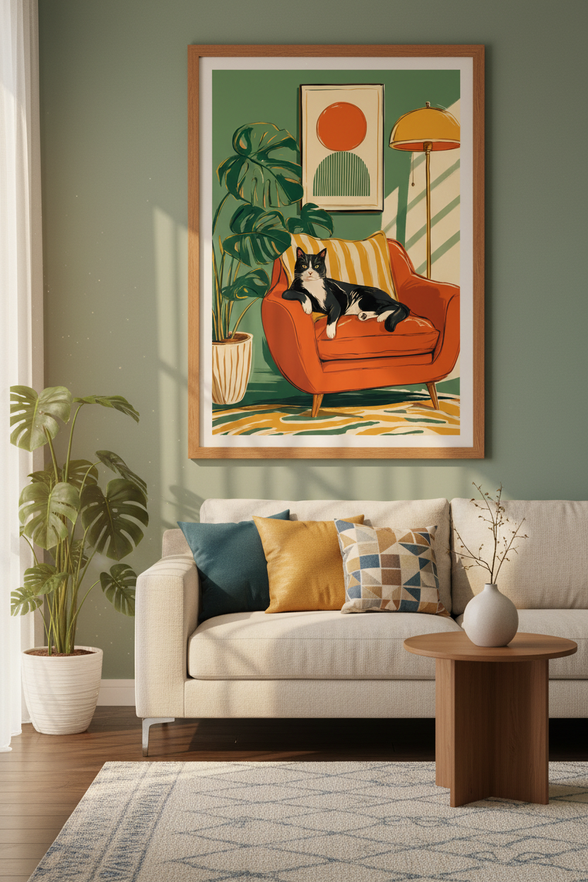 Tuxedo Cat Mid-Century Art Print | Retro Boho Living Room Decor | Animal Poster