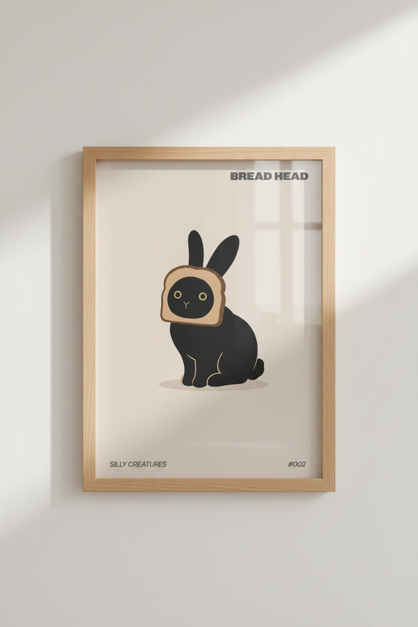 Bread Head Bunny Wall Art | Funny Black Rabbit Poster | Minimalist Kitchen Decor