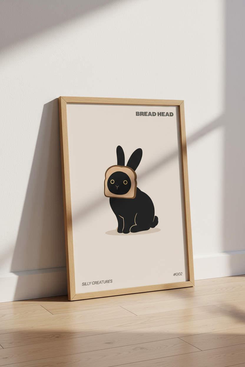 Bread Head Bunny Wall Art | Funny Black Rabbit Poster | Minimalist Kitchen Decor