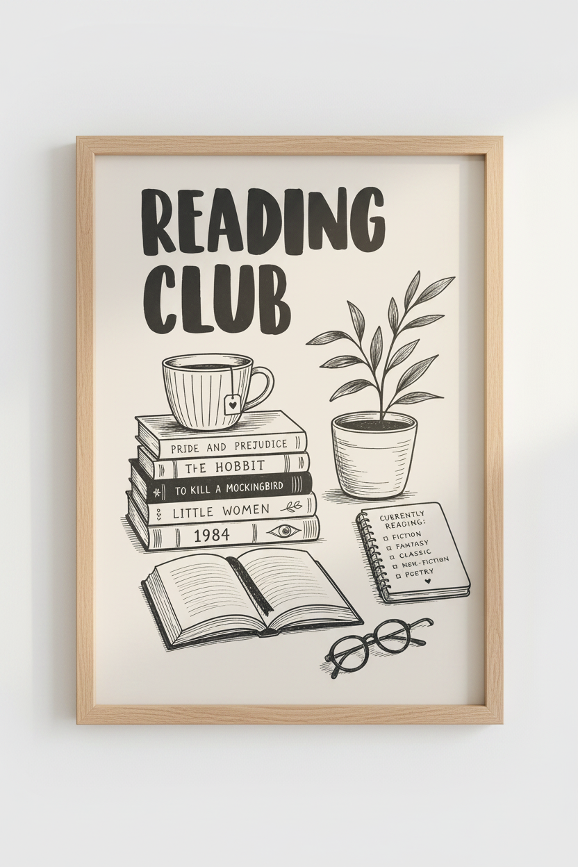 Bookish Wall Art | Minimal Line, Black & White, Living Room Decor