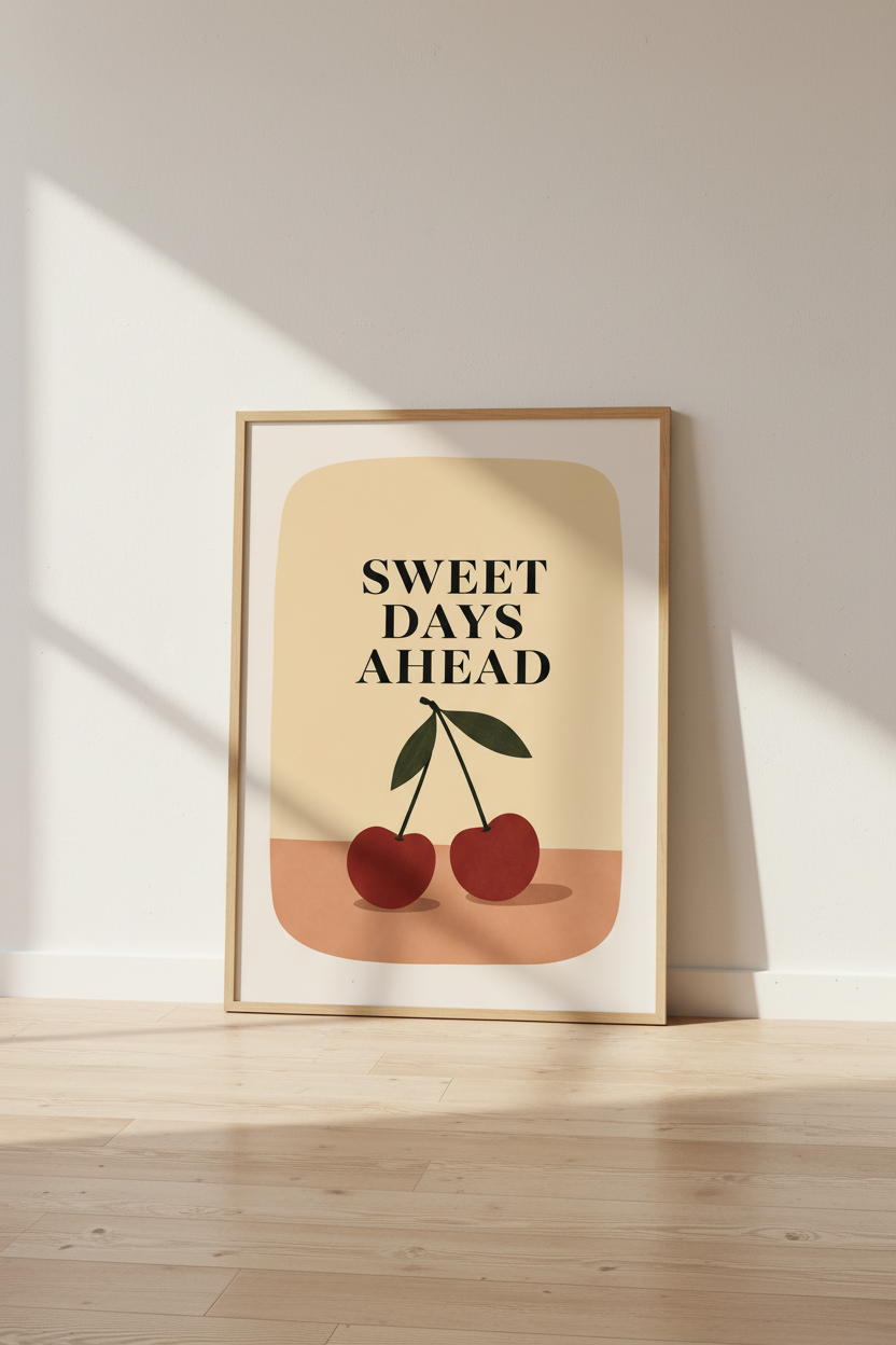 Red Cherry Fruit Wall Art | Sweet Days Ahead Quote Poster, Kitchen Aesthetic Decor