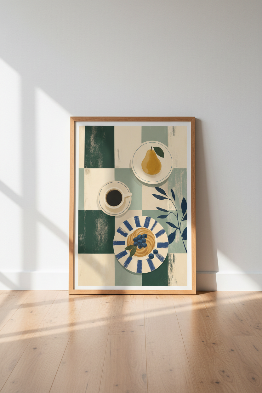 Breakfast Still Life Wall Art | Sage Green & Navy Kitchen Decor | Breakfast Nook Poster