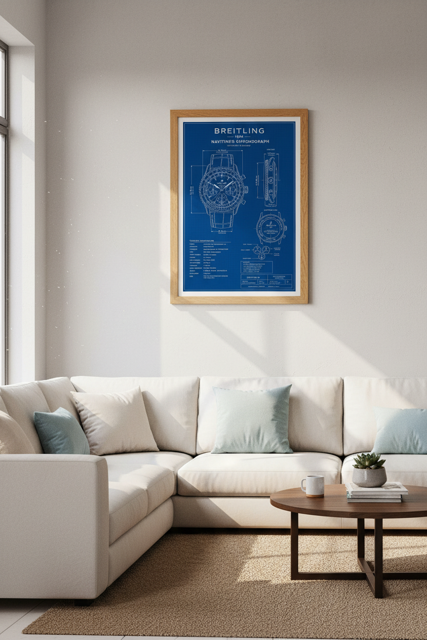 Navitimer Watch Blueprint | Technical Chronograph Poster, Man Cave Wall Art