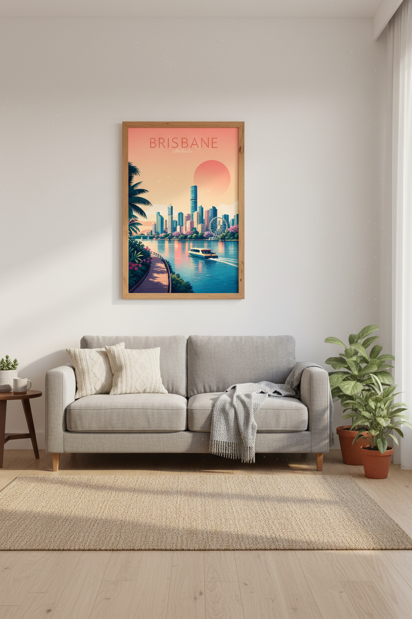 Brisbane Australia Travel Poster | Pastel City Skyline Print, Modern Gallery Wall Decor