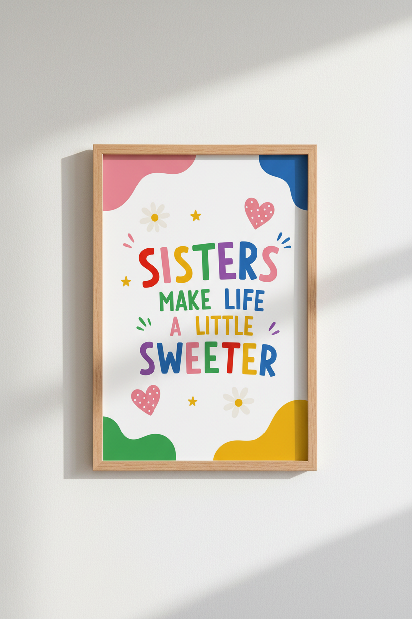 Sisters Make Life Sweeter Wall Art | Rainbow Nursery Decor | Colorful Girl Room Poster