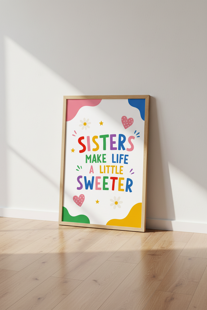 Sisters Make Life Sweeter Wall Art | Rainbow Nursery Decor | Colorful Girl Room Poster