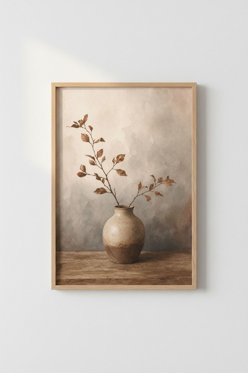 Minimalist Botanical Watercolor Print | Earth Tone Vase Art, Living Room Poster