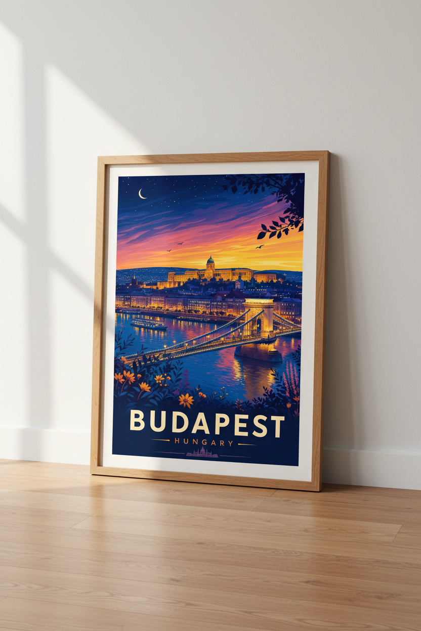Budapest Hungary Wall Art | Sunset Chain Bridge Poster, Living Room Decor
