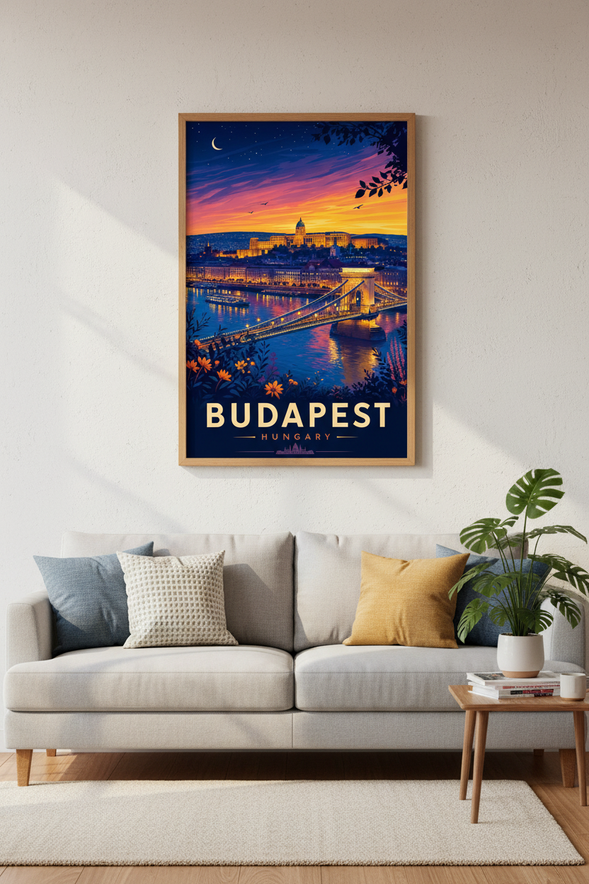 Budapest Hungary Wall Art | Sunset Chain Bridge Poster, Living Room Decor