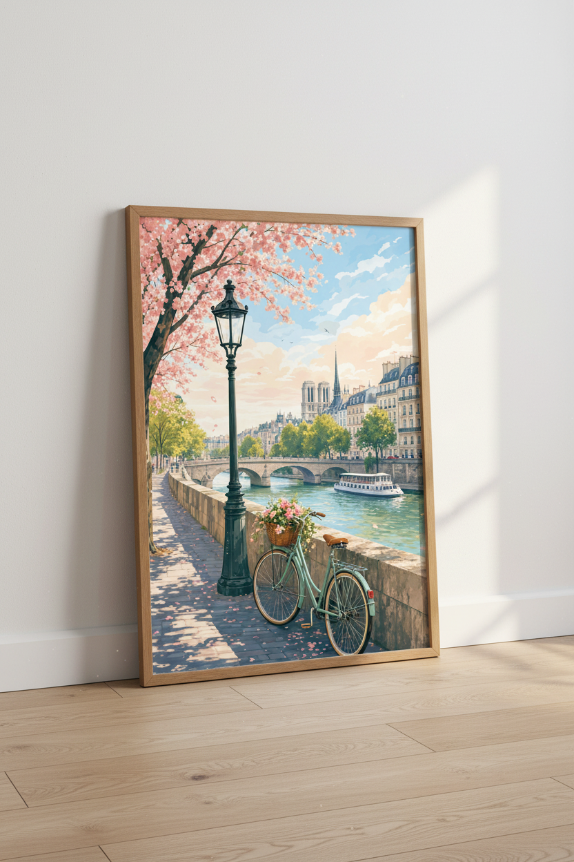 Paris in Spring Seine River Art | Pastel Floral Landscape, Romantic City Decor