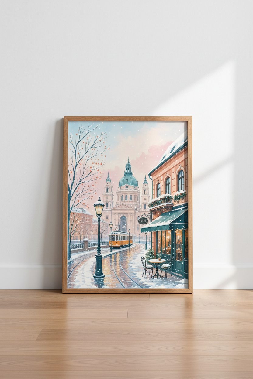 Budapest Winter Scene | Watercolor Cityscape Wall Art Print, Cozy Home Decor