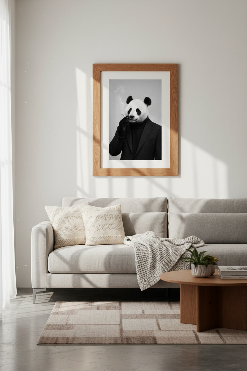 Smoking Panda Suit Wall Art Print | Office Living Room Decor | Minimalist Poster