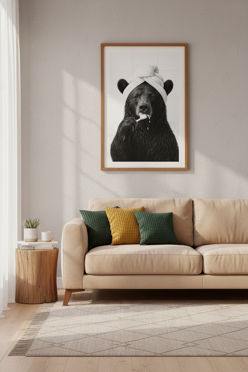 Bear Brushing Teeth Wall Art Print | Bathroom Decor | Funny Black and White Poster