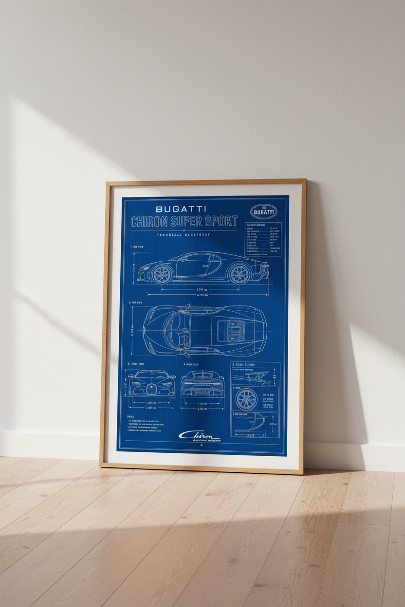Bugatti Chiron Blueprint Wall Art | Supercar Technical Poster | Office Decor