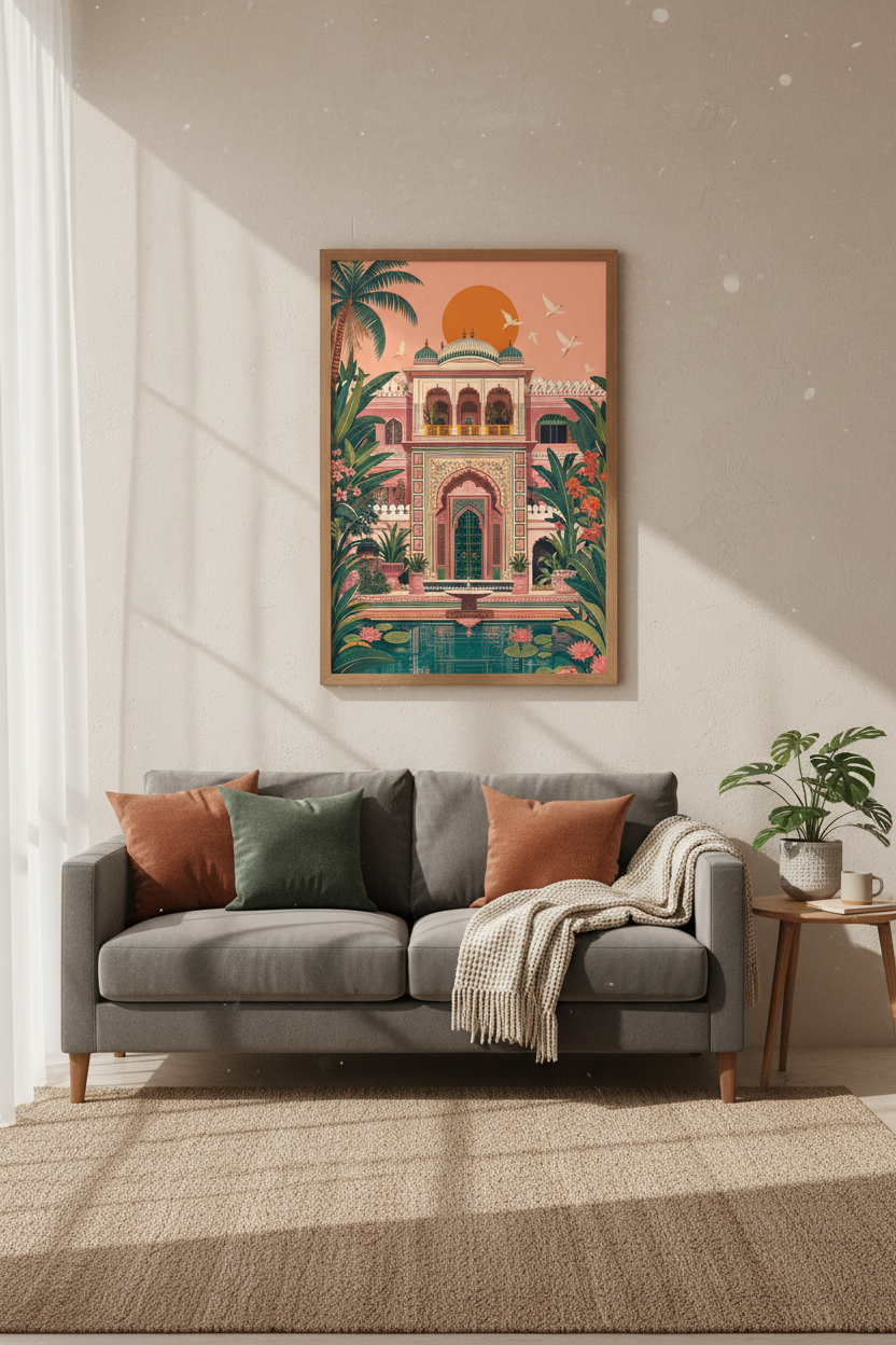Indian Palace Wall Art Print | Pink City Decor | Tropical Haveli Poster
