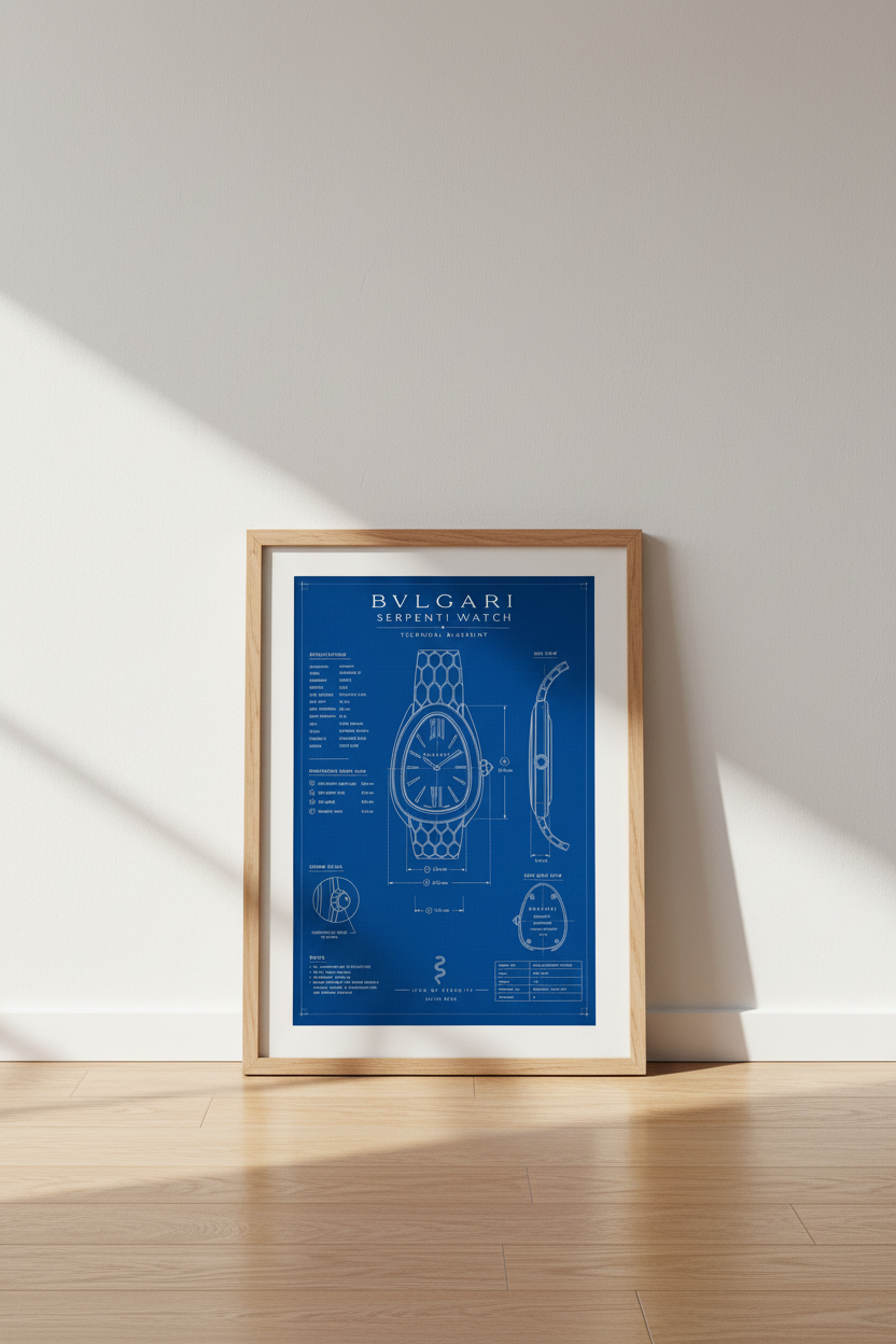 Bulgari Serpenti Watch Blueprint | Luxury Technical Poster, Home Office Art