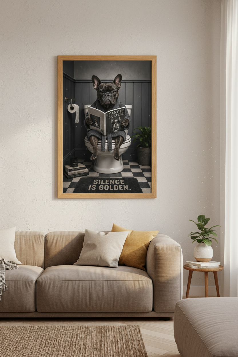 French Bulldog on Toilet Wall Art | Funny Dog Bathroom Decor | Mood Poster
