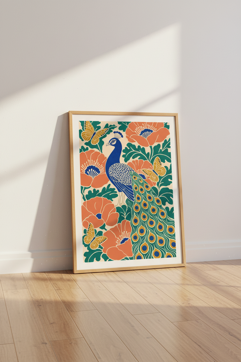 Peacock & Poppies Wall Art | Art Nouveau Bird Print, Maximalist Decor