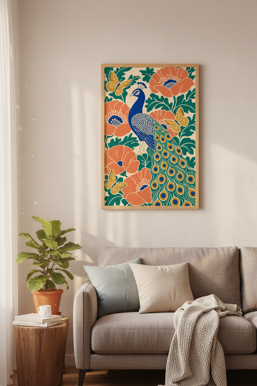 Peacock & Poppies Wall Art | Art Nouveau Bird Print, Maximalist Decor