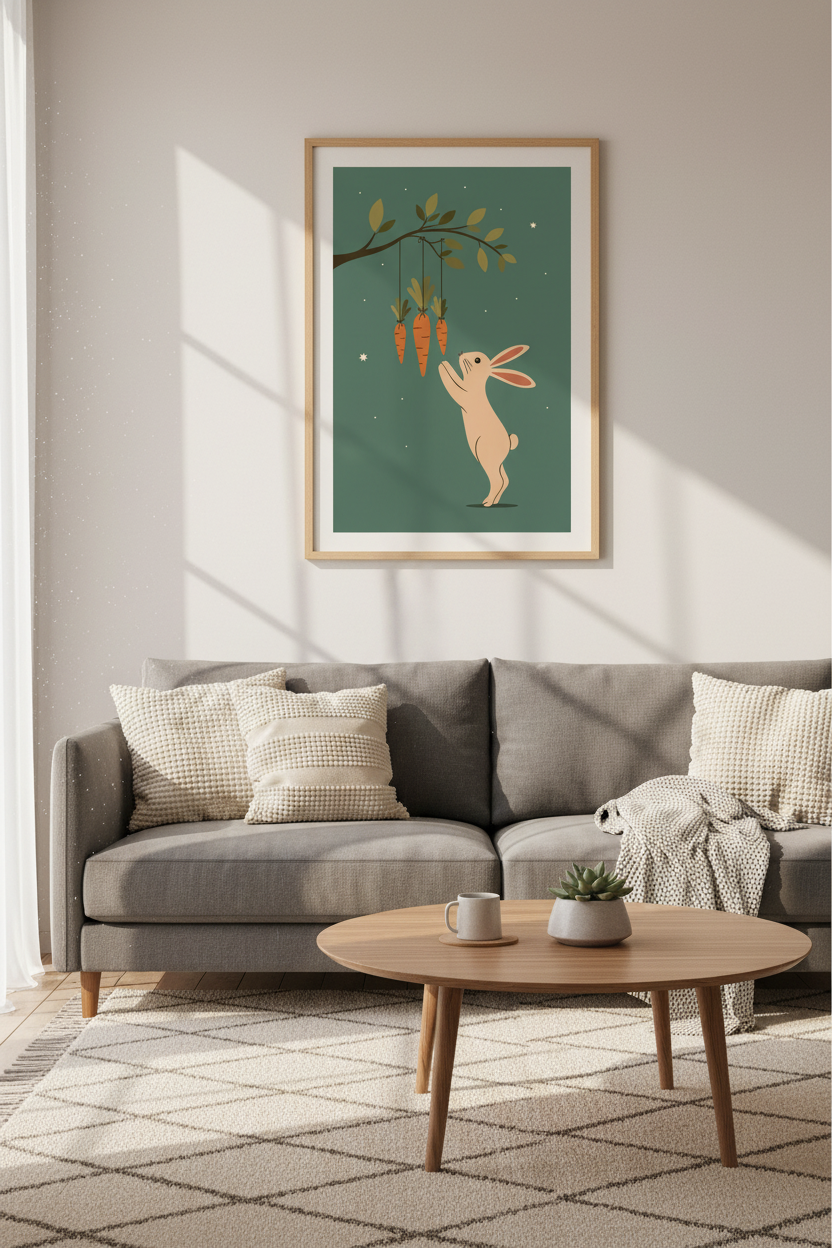 Whimsical Bunny & Carrots Wall Art | Sage Green Nursery Decor | Minimalist Poster
