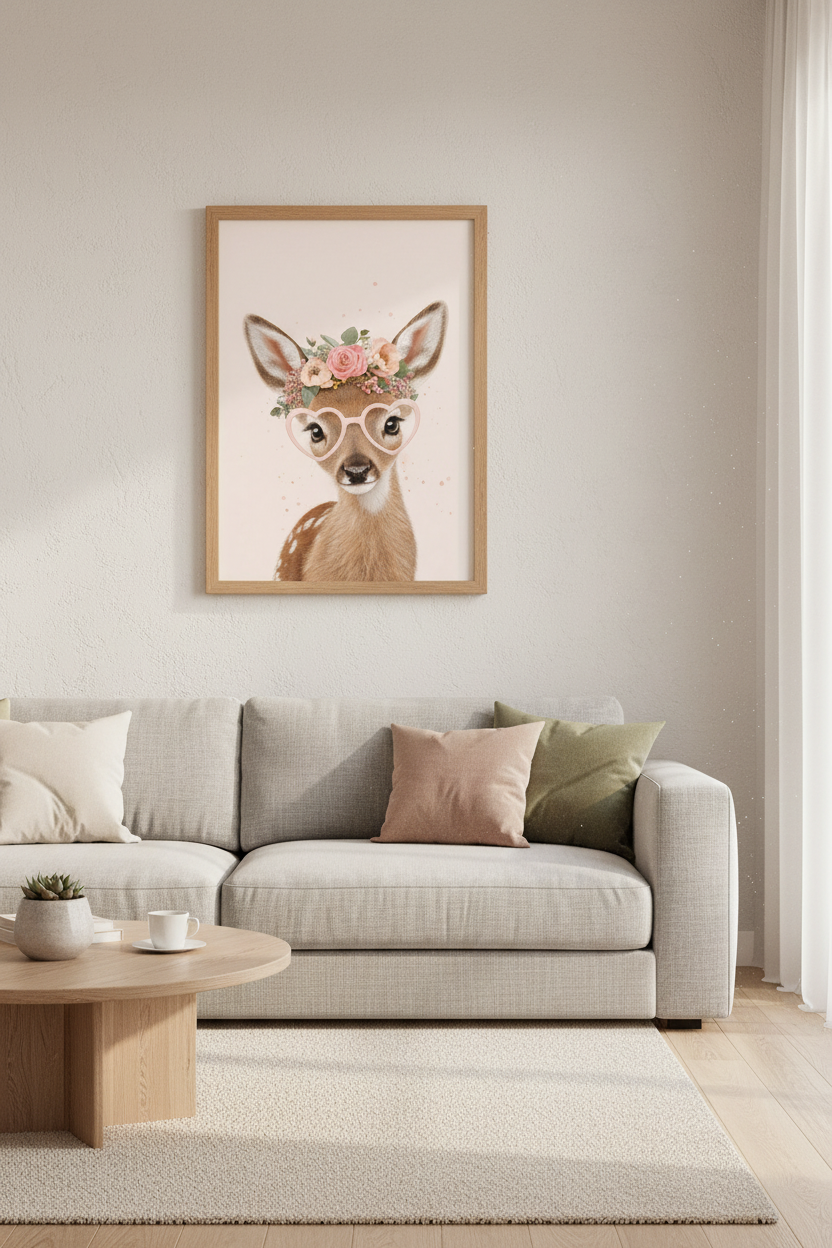 Baby Deer with Heart Glasses Wall Art | Pink Floral Fawn Poster, Nursery Decor