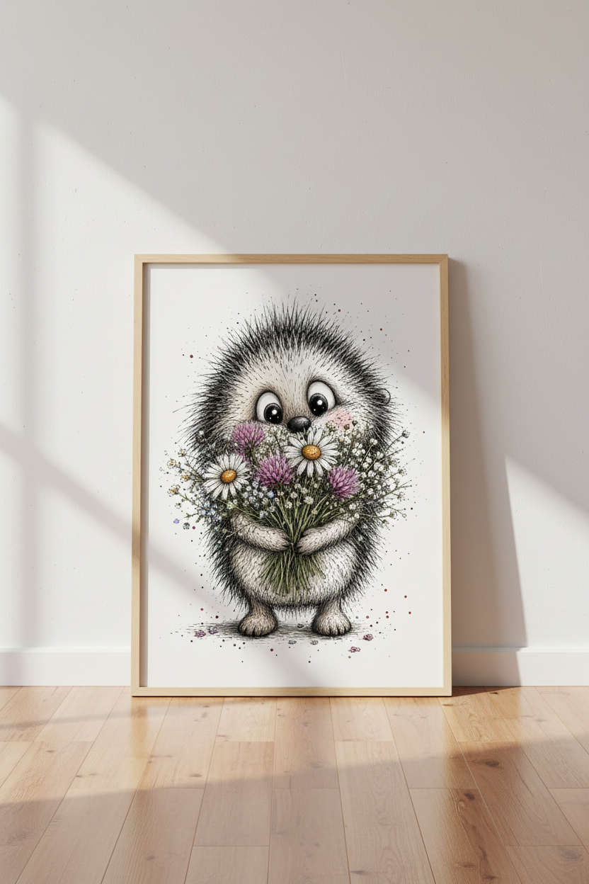 Hedgehog with Flowers Wall Art | Nursery Decor | Whimsical Animal Poster