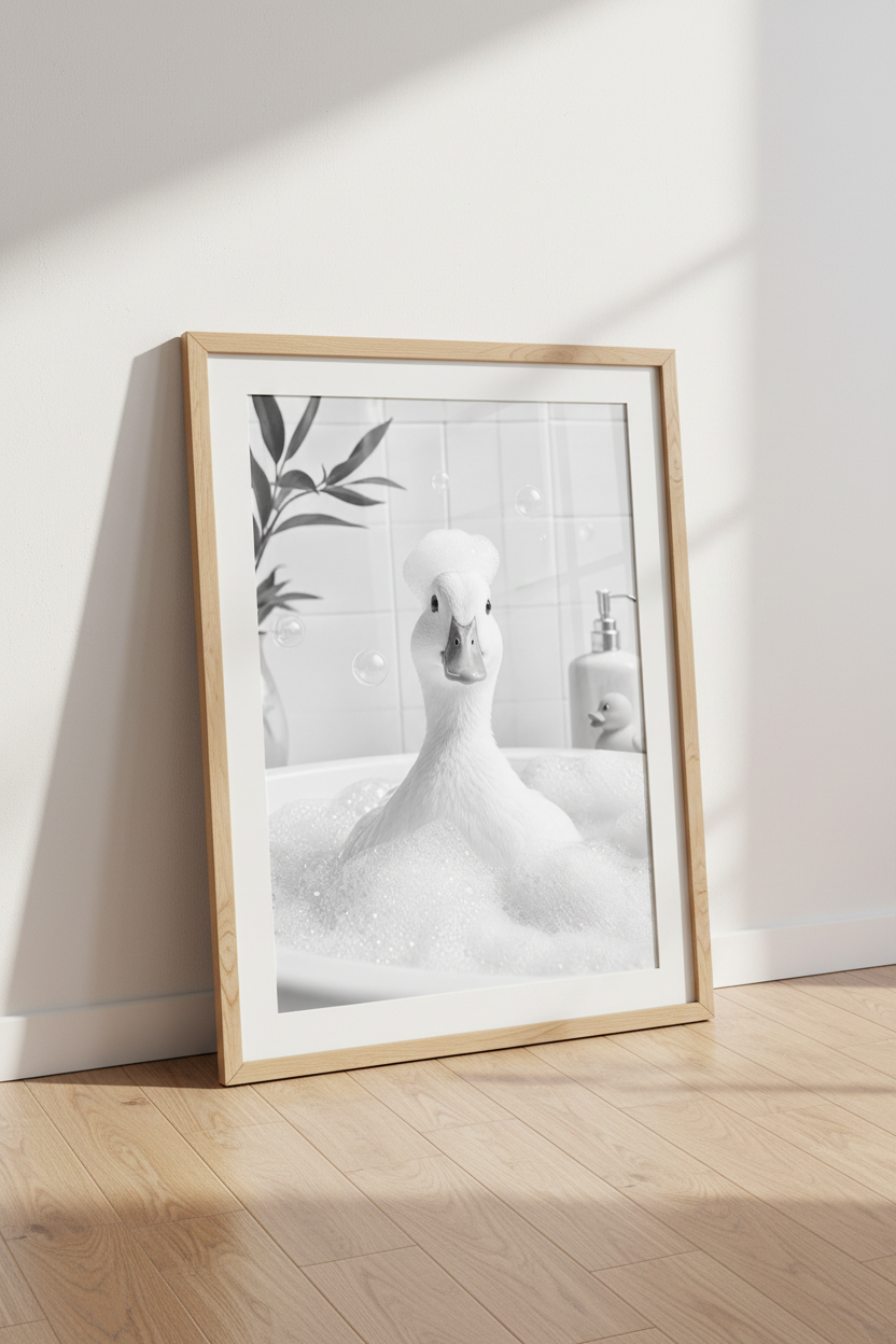 Duck in Bathtub Wall Art | White Duck Bathroom Decor | Funny Black and White Poster