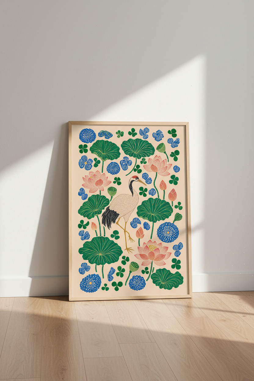 Japanese Crane & Lotus Wall Art | Emerald & Blue Asian Floral Poster | Zen Home Decor