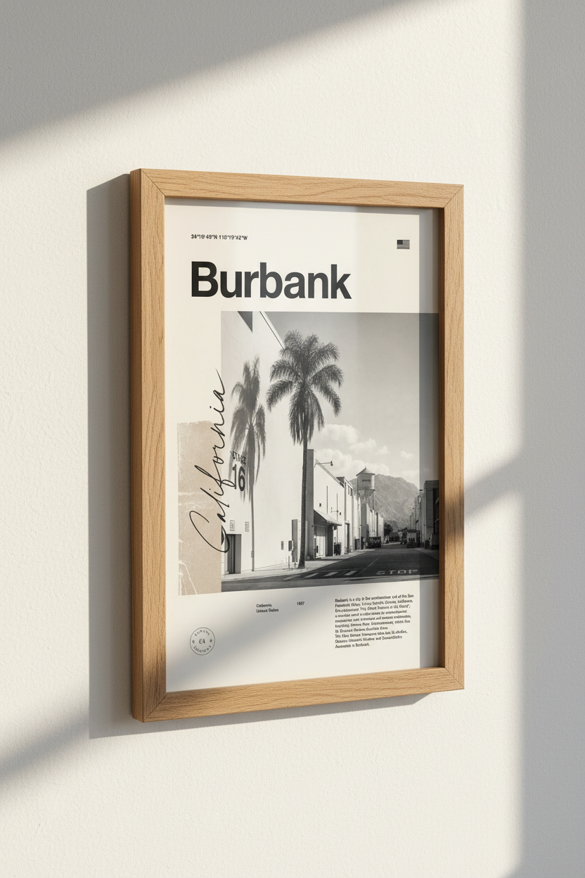 Burbank California Wall Art | Black and White Studio Poster | Modern Office Decor