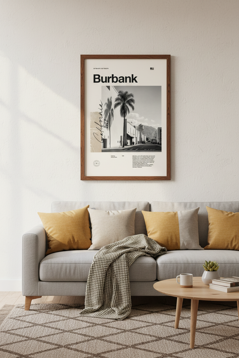 Burbank California Wall Art | Black and White Studio Poster | Modern Office Decor