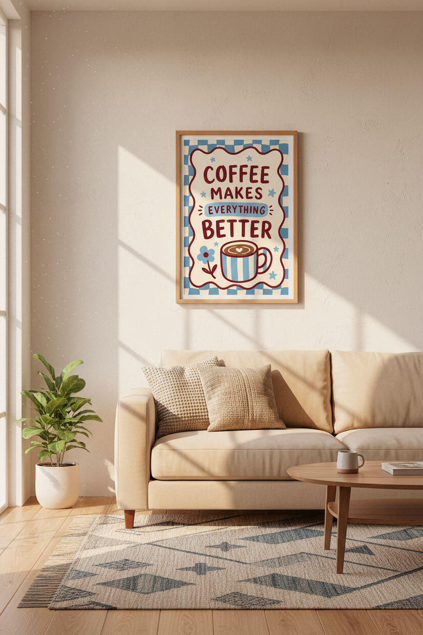 Retro Coffee Art Print | Blue Checkered Kitchen Decor | Funky Quote Poster