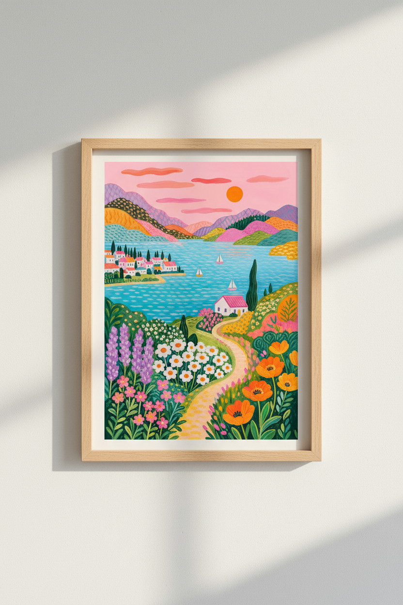 Colorful Coastal Landscape Print | Mediterranean Folk Art, Vibrant Summer Scenery