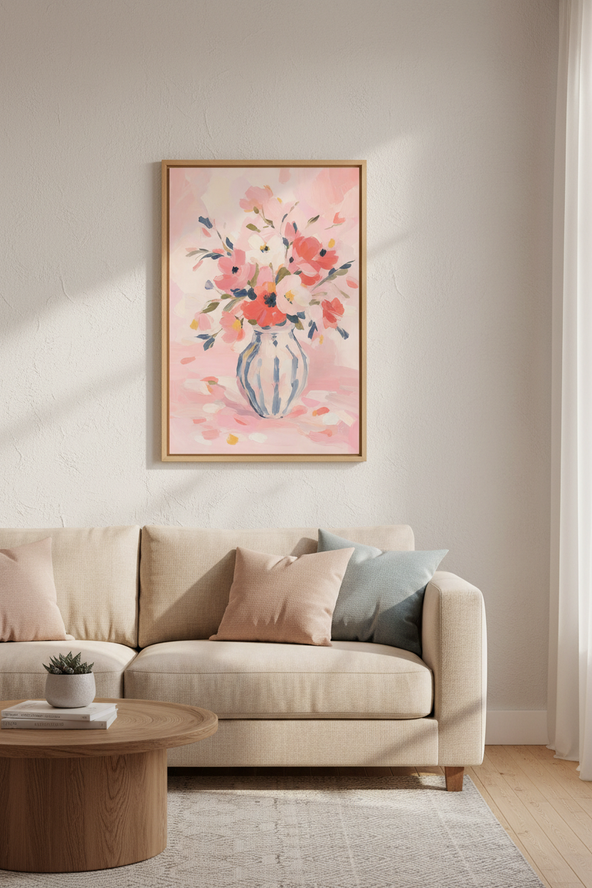 Pink Floral Art Print | Scandi Style Flower Vase Poster, Romantic Bedroom Decor