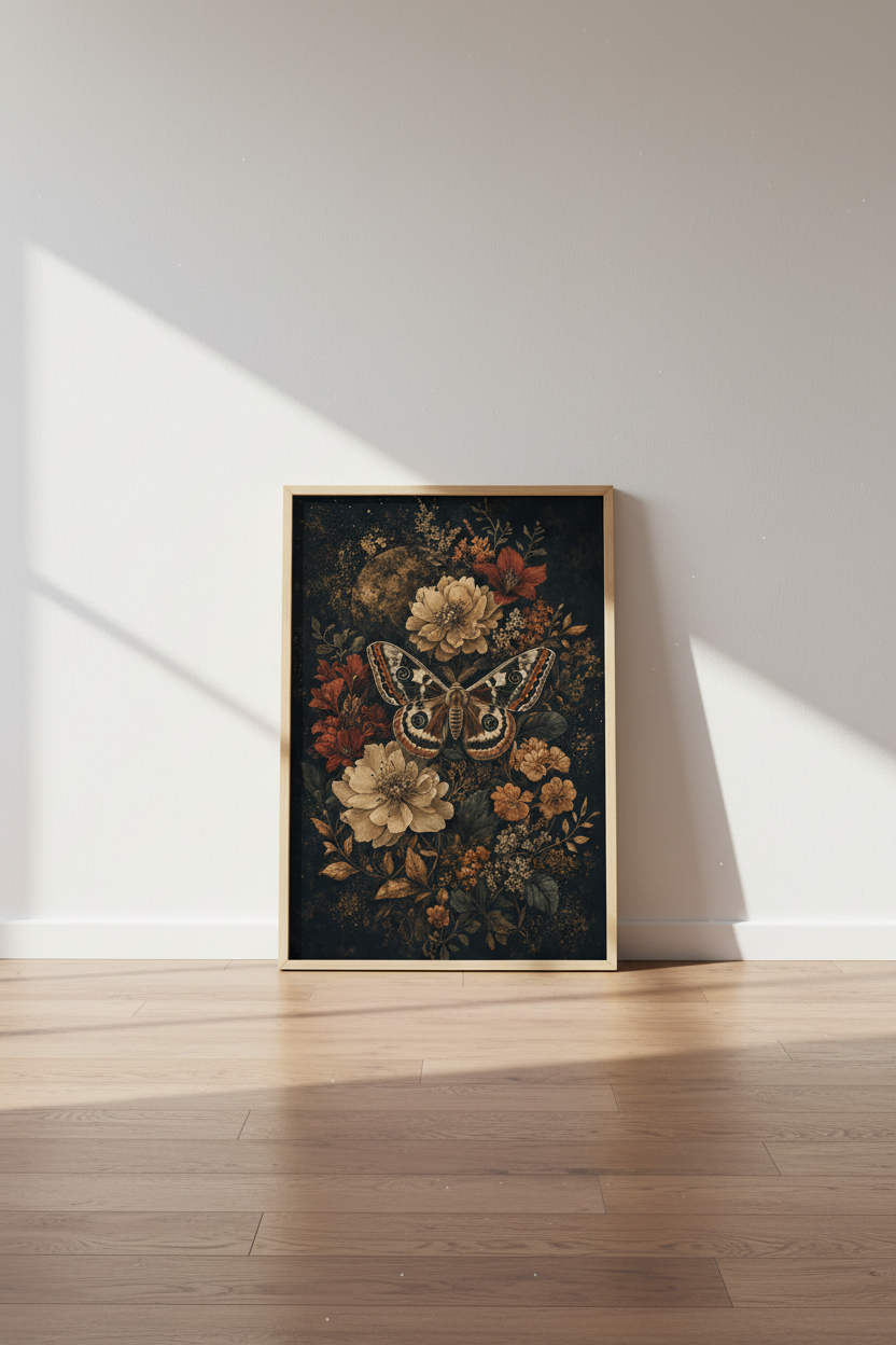 Moth & Botanical Wall Art | Dark Academia Floral Poster, Vintage Aesthetic Print