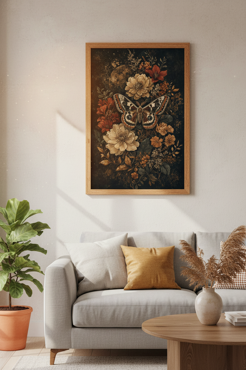 Moth & Botanical Wall Art | Dark Academia Floral Poster, Vintage Aesthetic Print