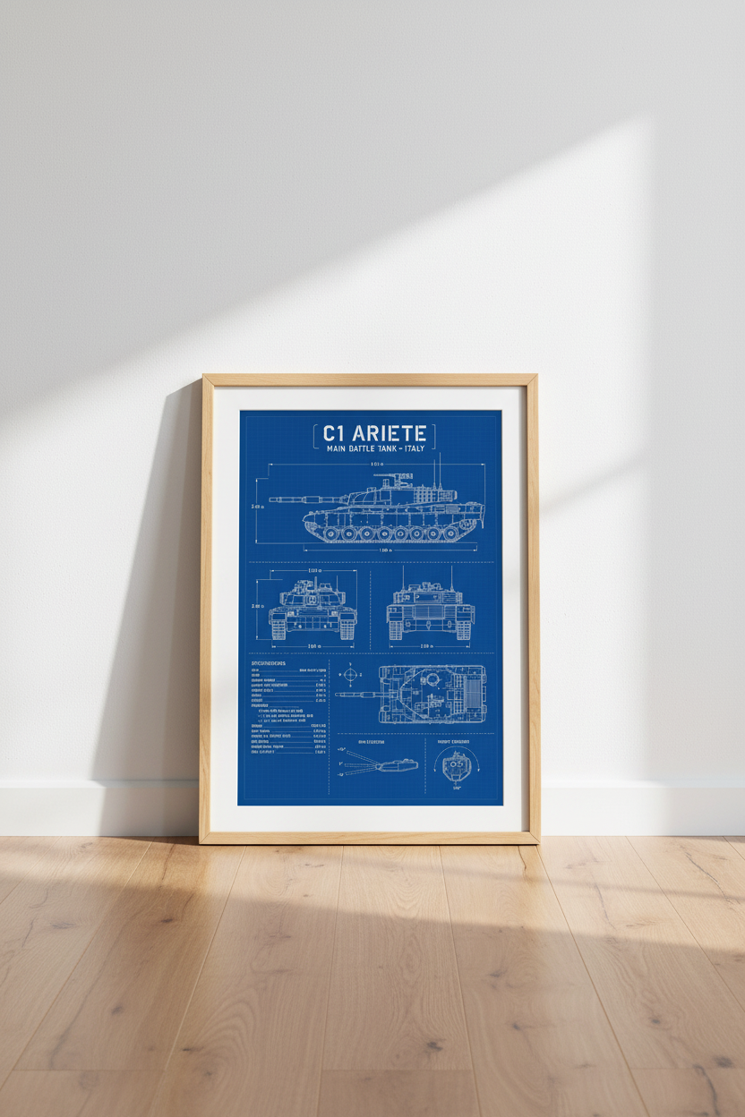C1 Ariete Tank Blueprint Wall Art | Italian Military Schematic, Man Cave Decor