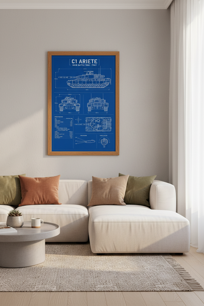 C1 Ariete Tank Blueprint Wall Art | Italian Military Schematic, Man Cave Decor