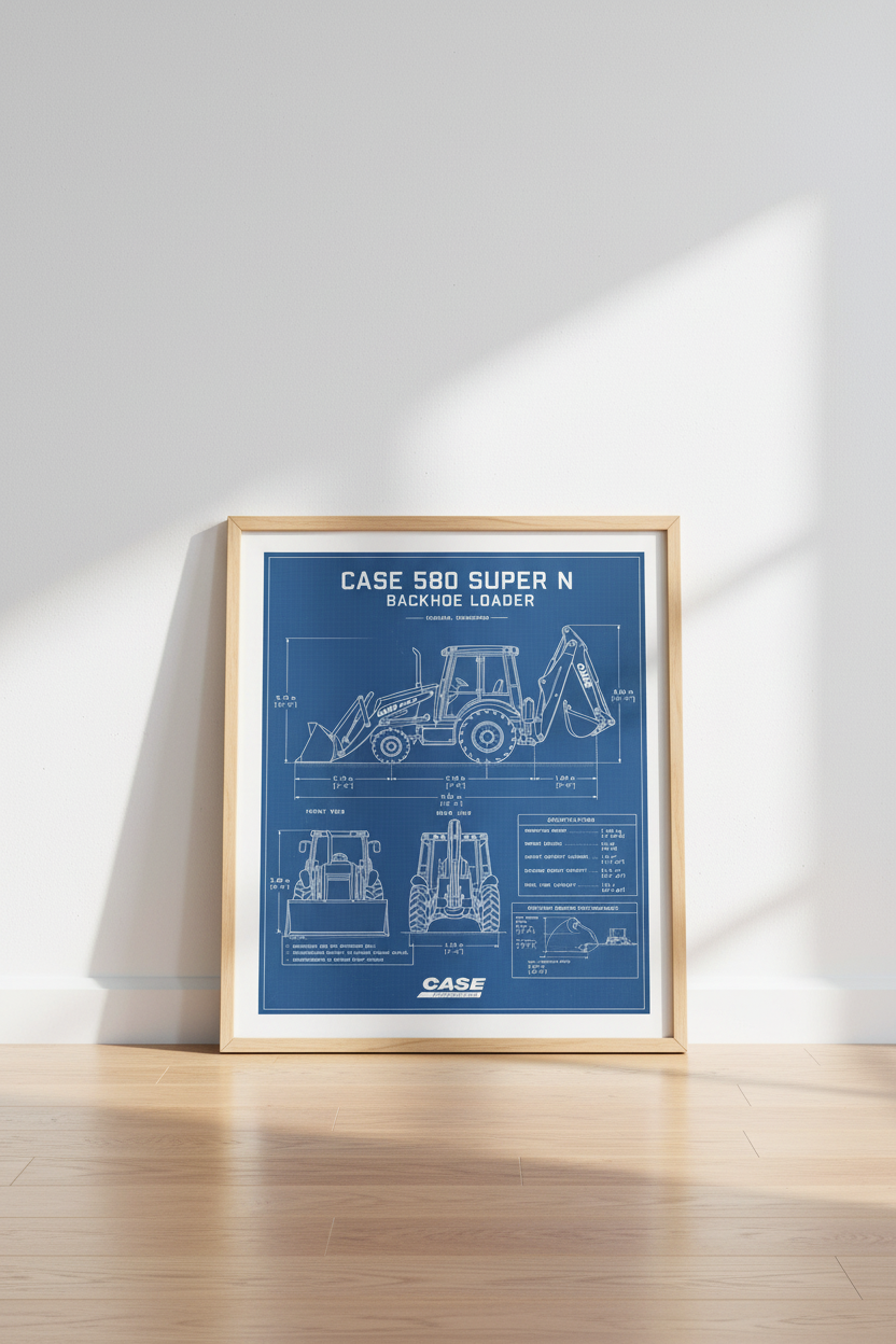 Case 580 Backhoe Blueprint Wall Art | Industrial Office Decor | Construction Poster